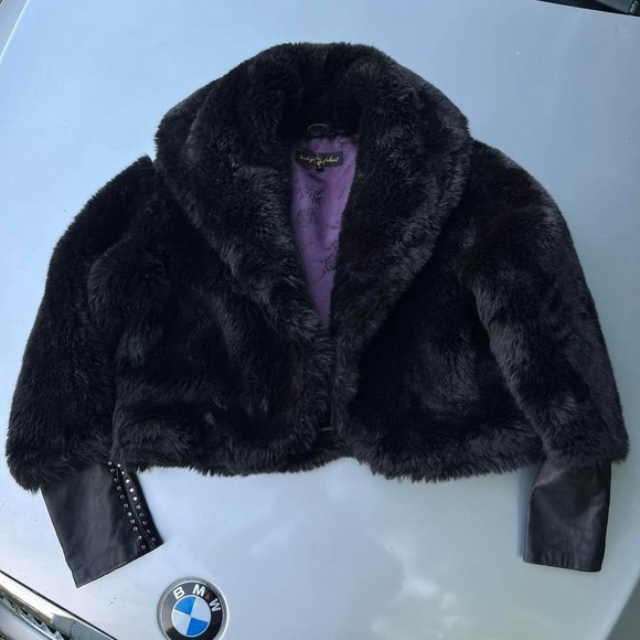 Baby Phat black faux fur jacket with purple lining - Picture 1 of 8